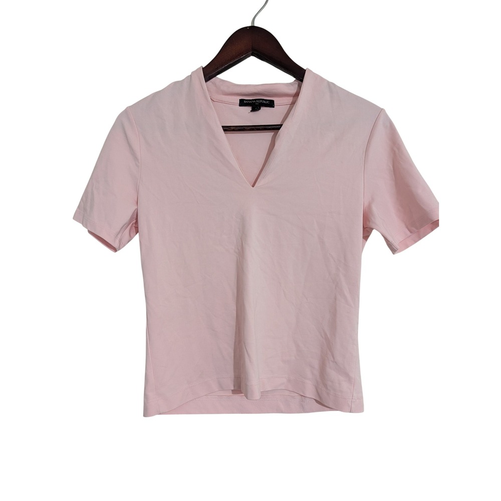 Banana Republic Women Pink V-Neck Short Sleeve Boxy Minimalist Top Small